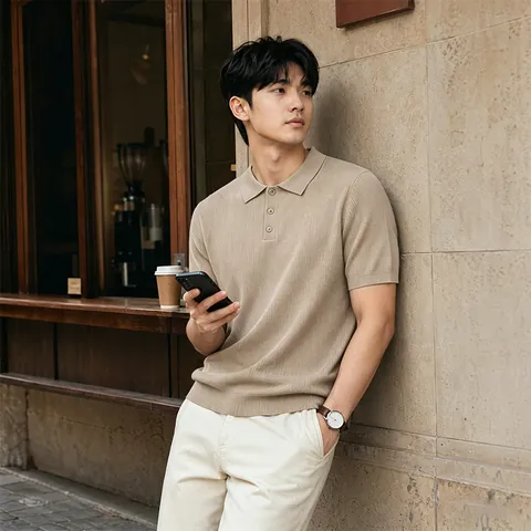Polo da Uomo Business Casual Manica Corta Traspirante in Maglia di Seta Ghiaccio Tinta Unita Slim Fit Pullover Smart Casual