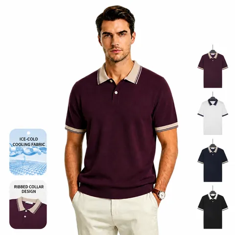 Polo Homme en Soie Glacée Refroidissant Business Casual à Rayures Contrastées Manches Courtes Coupe Slim pour l'Été