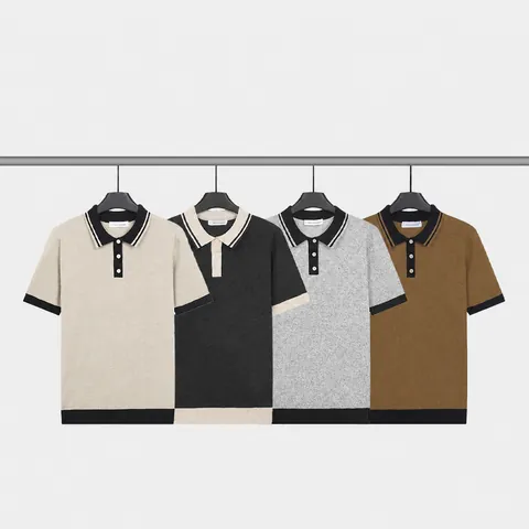 Polo en Maille de Soie Glacée pour Hommes Garniture Contrastée Manches Courtes Respirant Léger Été Top Décontracté