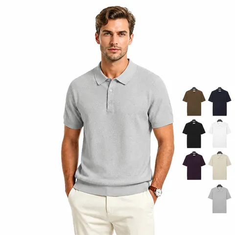 Men's Ice Silk Knitted Polo Shirt Short Sleeve Breathable Solid Color Slim Fit Casual Knitted Top For Summer