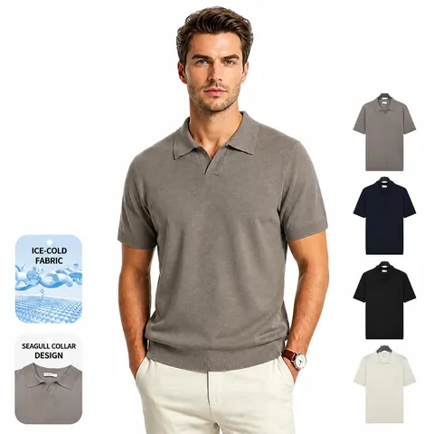 Polo en Maille de Soie Glacée pour Hommes Couleur Unie Manches Courtes Col Mouette Respirant Coupe Ajustée Haut en Tricot Décontracté