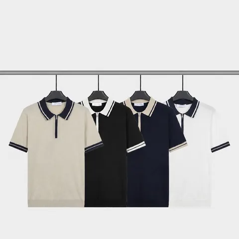 Men Ice Silk Knitted Polo Shirt Contrast Color Zipper Neck Cooling Breathable Short Sleeve Slim Fit Polo Shirt For Casual