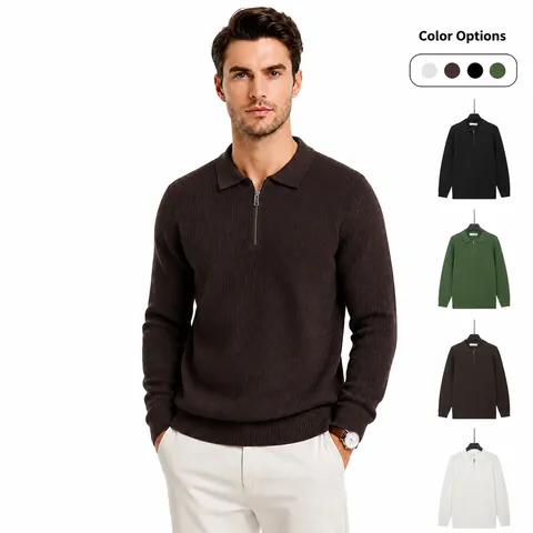 Maglione Polo da Uomo Business Casual con Mezza Zip Slim Fit Maglieria in Misto Viscosa a Tinta Unita Manica Lunga