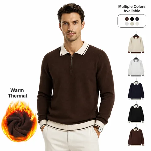 Maglione in Maglia Polo a Maniche Lunghe da Uomo Business Casual Mezza Zip Revers Pullover Tinta Unita Top in Maglia