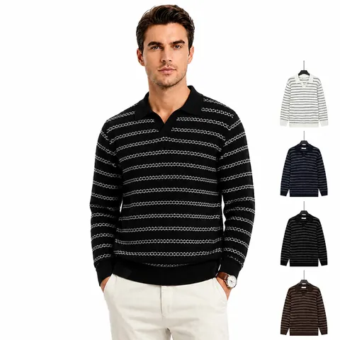 Maglia Polo da Uomo in Maglia a Righe Stile Old Money Manica Lunga Collo a Gabbiano Business Casual Misto Viscosa Uomo Top