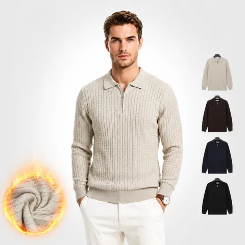 Men's Business Casual Viscose Blend Knitted Sweater Slim Fit Lapel Half Zipper Long Sleeve Soft Warm Pullover Top