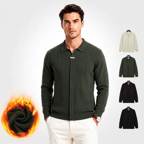 Men's Business Casual Knit Cardigan Sweater Zipper Polo Collar Viscose Blend Long Sleeve Warm Ribbed Vertical Stripe Top