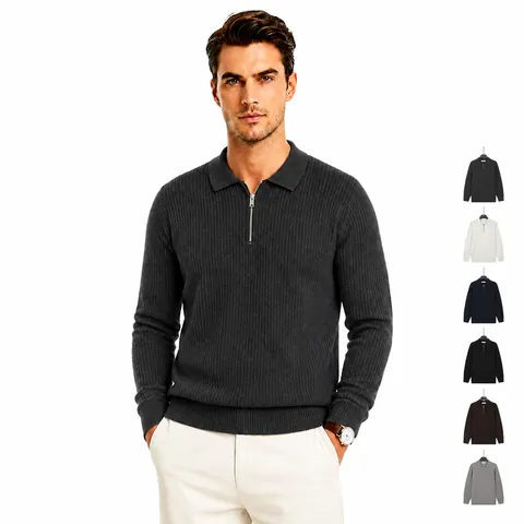 Maglione da Uomo in Maglia con Mezza Zip Slim Fit Stile Old Money Colletto Polo a Costine Misto Viscosa Maglieria a Maniche Lunghe