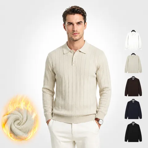 Maglione da Uomo Stile Old Money Colletto Polo Manica Lunga Misto Viscosa Maglia a Costine Smart Casual Tinta Unita