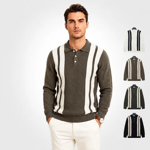 Men Casual Striped Polo Collar Long Sleeve Knit Sweater Autumn Winter Warm Viscose Blend Pullover Top