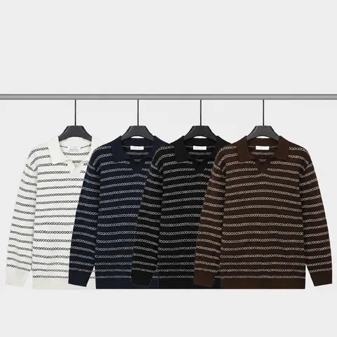 Maglia Polo da Uomo in Maglia a Righe Stile Old Money Manica Lunga Collo a Gabbiano Business Casual Misto Viscosa Uomo Top
