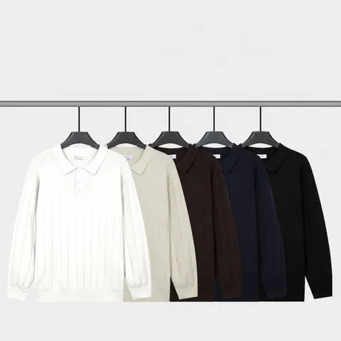 Maglione da Uomo Stile Old Money Colletto Polo Manica Lunga Misto Viscosa Maglia a Costine Smart Casual Tinta Unita