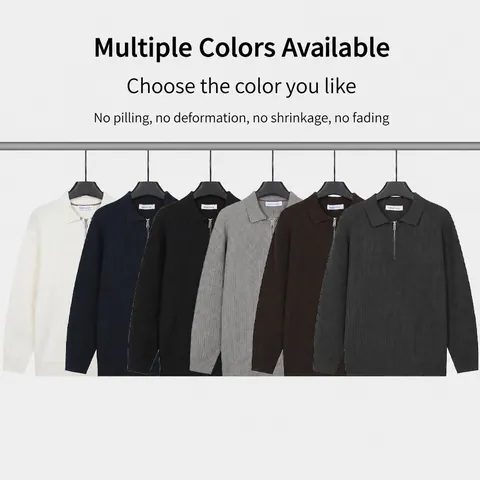 Maglione da Uomo in Maglia con Mezza Zip Slim Fit Stile Old Money Colletto Polo a Costine Misto Viscosa Maglieria a Maniche Lunghe