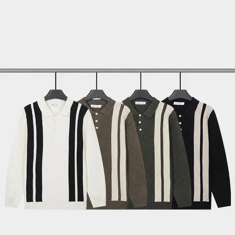 Men Casual Striped Polo Collar Long Sleeve Knit Sweater Autumn Winter Warm Viscose Blend Pullover Top