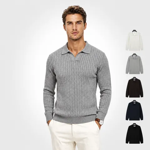 Polo en Tricot Business Décontracté pour Hommes Mélange Viscose Polyester Rayures Verticales Nervurées Col Johnny Top Manches Longues