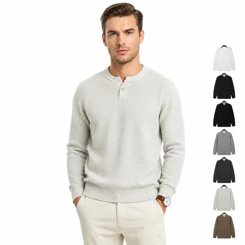 Pull en Tricot Business Décontracté pour Hommes Col Henley Couleur Unie Pullover Manches Longues Style Old Money Haut Chaud