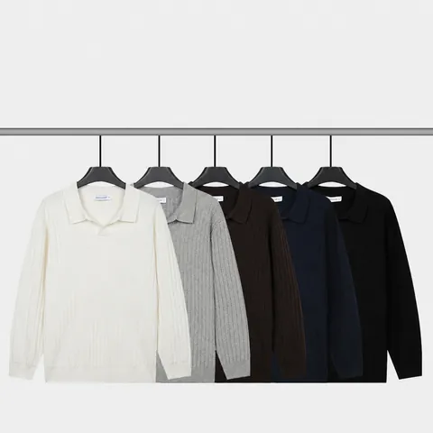 Polo en Tricot Business Décontracté pour Hommes Mélange Viscose Polyester Rayures Verticales Nervurées Col Johnny Top Manches Longues