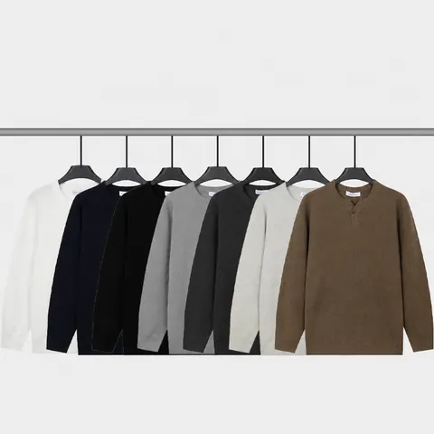 Pull en Tricot Business Décontracté pour Hommes Col Henley Couleur Unie Pullover Manches Longues Style Old Money Haut Chaud