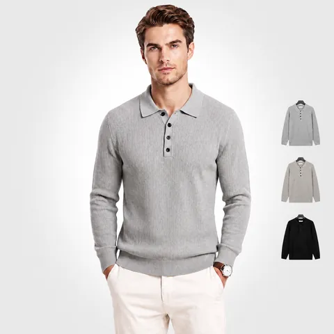 Maglione da Uomo in Maglia Casual con Collo Polo Manica Lunga Pullover a Costine Tinta Unita Slim Fit Top per Autunno Inverno