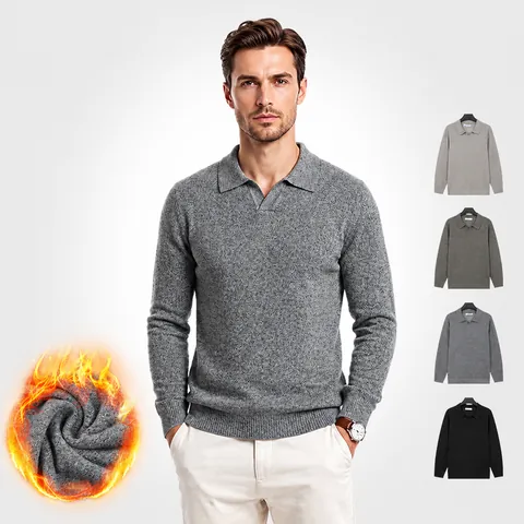 Men's Business Casual Polo Collar Knit Sweater Long Sleeve Viscose Blend Thermal Pullover Slim Fit Old Money Style Knitwear