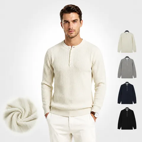 Pull en Tricot Nervuré à Col Henley pour Hommes Mélange de Viscose et Polyester Couleur Unie Manches Longues Coupe Ajustée Chaud