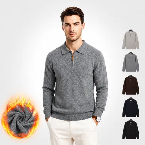 Jersey de Punto Informal de Negocios para Hombre de Manga Larga con Media Cremallera y Cuello Polo Pullover Cálido de Otoño Invierno