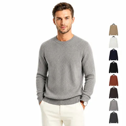Pull en Tricot à Col Rond pour Hommes Coupe Ajustée Hiver Chaud Couleur Unie Manches Longues Business Décontracté