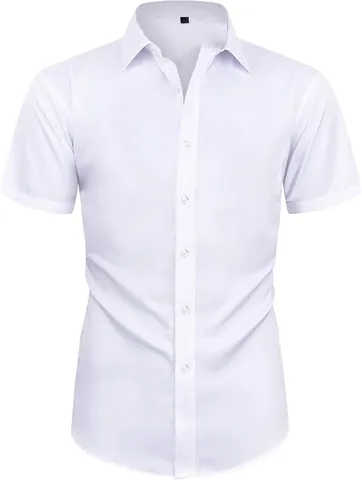 Camisa de Manga Corta Business Casual para Hombre Elástica de Corte Ajustado Sin Planchado Color Sólido Camisa de Vestir Diaria