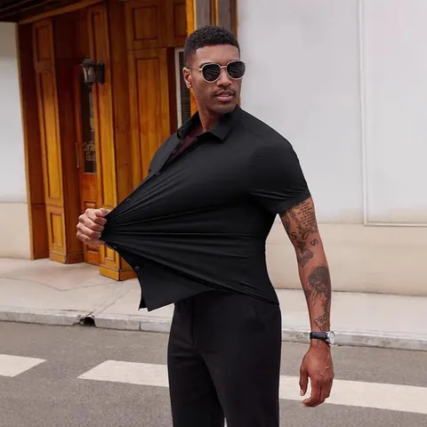 Men's Muscle Fit High Stretch Short Sleeve Button Down Shirt Business Casual Seamless Polyester Spandex Top Shirt