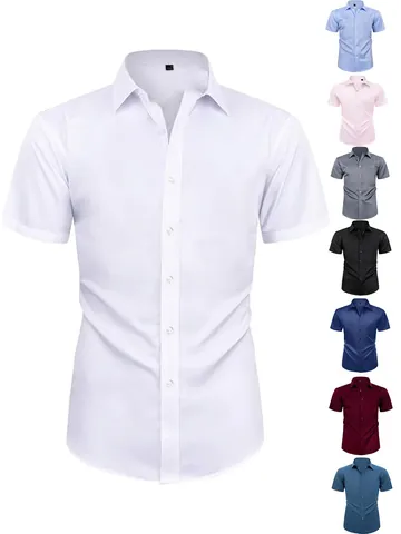 Camisa de Manga Corta Business Casual para Hombre Elástica de Corte Ajustado Sin Planchado Color Sólido Camisa de Vestir Diaria