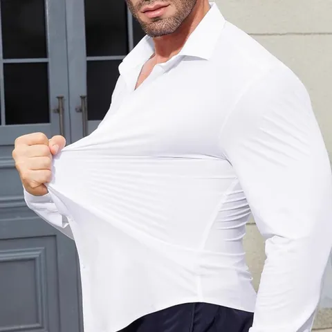Men's Long Sleeve Dress Shirt 4-Way Stretch Wrinkle Free Slim Fit Business Casual Non-Iron Solid Color Seamless Shirt Top