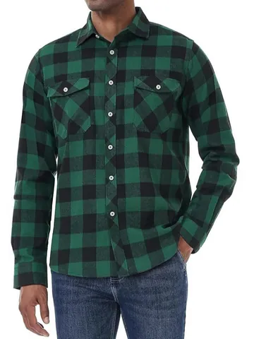 Men Classic Plaid Cotton Blend Shirt Vintage Long Sleeve Lapel Top With Double Pockets Casual Buffalo Check Flannel Jacket Shirt For Men