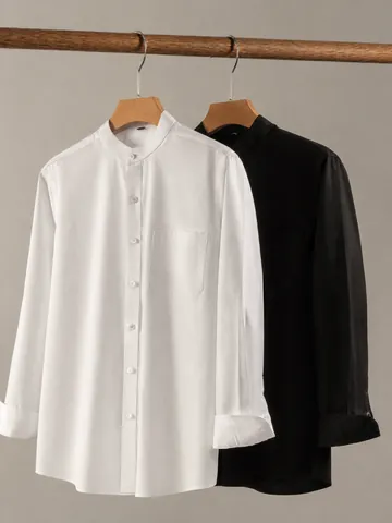 Camicia da Uomo in Cotone con Collo alla Coreana Camicia Henley a Maniche Lunghe Texturizzata Casual Slim Fit Tinta Unita Top con Bottoni