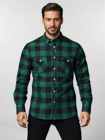 Men Classic Plaid Cotton Blend Shirt Vintage Long Sleeve Lapel Top With Double Pockets Casual Buffalo Check Flannel Jacket Shirt For Men