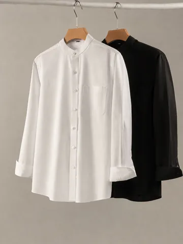Camicia da Uomo in Cotone con Collo alla Coreana Camicia Henley a Maniche Lunghe Texturizzata Casual Slim Fit Tinta Unita Top con Bottoni