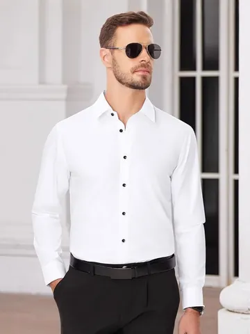 Camisa de Vestir Formal para Hombre Ajuste Entallado Elástica 4 Vías Sin Planchado Manga Larga Botones Negros