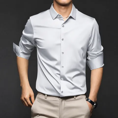 Men Business Casual Satin Shirt Non-Iron Polyester Silk Feel Long Sleeve Solid Color Slim Fit Button Down Dress Shirt Top