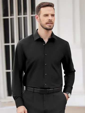 Camisa de Vestir Formal para Hombre Ajuste Entallado Elástica 4 Vías Sin Planchado Manga Larga Botones Negros