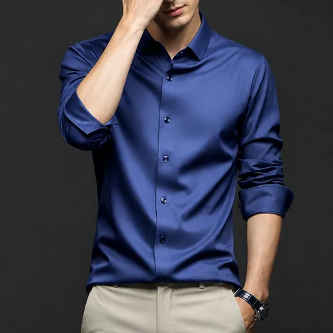 Camisa de Satén Casual de Negocios para Hombre Corte Ajustado Sin Planchado Color Sólido Manga Larga para Oficina