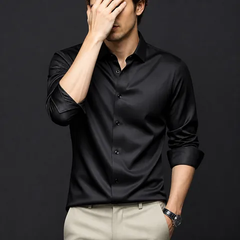 Men Business Casual Satin Shirt Non-Iron Polyester Silk Feel Long Sleeve Solid Color Slim Fit Button Down Dress Shirt Top