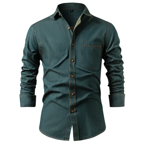 Men American Retro Denim Shirt Pure Cotton Long Sleeve Single Pocket Non Iron Casual Top For Men Classic Vintage Work Shirt