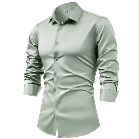 Men Casual Silk Satin Long Sleeve Dress Shirt Business Formal Button Down Wrinkle Free Anti Wrinkle Solid Color Shirt