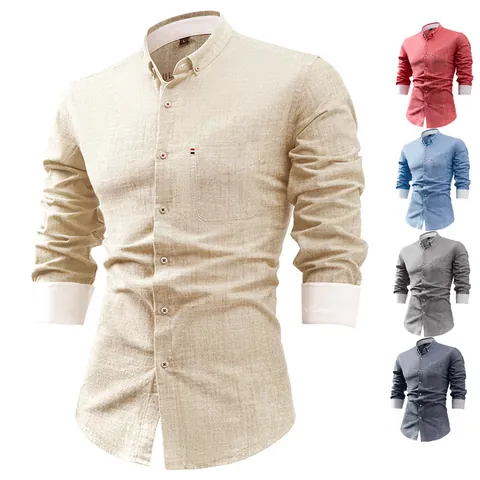 Camisa Casual de Algodón y Lino para Hombre Manga Larga Color Sólido con Botones Transpirable Moda Urbana con Bolsillo