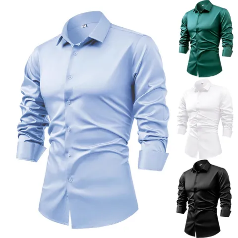Camisa de Vestir de Satén de Manga Larga para Hombre Business Casual con Botones Sin Arrugas Camisa Formal Lisa