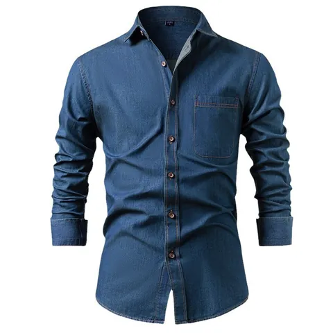 Men American Retro Denim Shirt Pure Cotton Long Sleeve Single Pocket Non Iron Casual Top For Men Classic Vintage Work Shirt