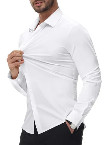 Camisa de Manga Larga de Alta Elasticidad para Hombre Sin Arrugas Sin Costuras Color Sólido Business Casual Top