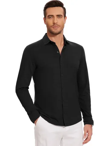 Camisa de Manga Larga de Alta Elasticidad para Hombre Sin Arrugas Sin Costuras Color Sólido Business Casual Top