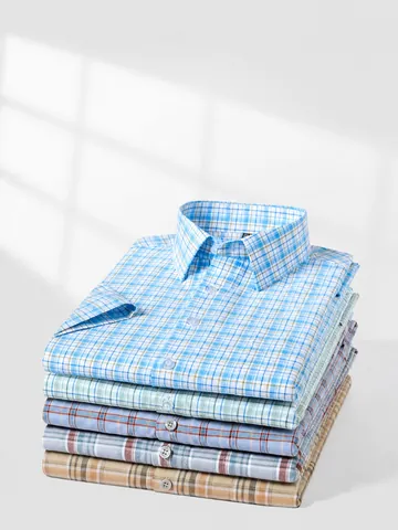 Camicia da Uomo in 100% Cotone a Maniche Corte a Quadri Senza Stiro Business Casual Colletto Quadrato Camicia Traspirante per l'Estate