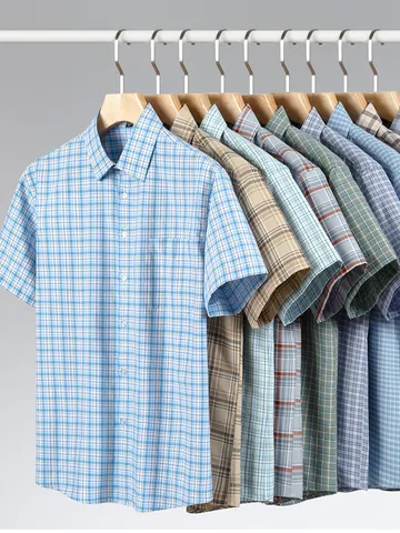 Camicia da Uomo in 100% Cotone a Maniche Corte a Quadri Senza Stiro Business Casual Colletto Quadrato Camicia Traspirante per l'Estate