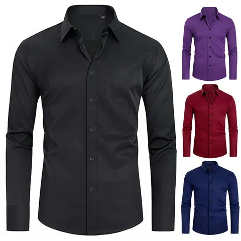 Camisa de Negocios Casual para Hombre Estiramiento en Cuatro Direcciones Manga Larga Sin Planchado Ajustada Cuello Cuadrado